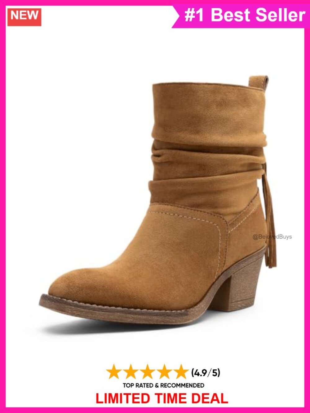 Faux Leather Slouchy Ankle Boots Square Toe Low Block Heel Tassel Pull-On